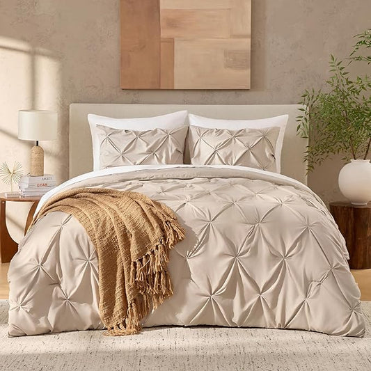 Andency Wheat Comforter Queen Size(90x90Inch), 3 Pieces Lightweight Pinch Pleat Comforter Sets for Queen Bed, Soft Microfiber Bedding Comforter Set(1 Pintuck Comforter and 2 Pillowcases)
