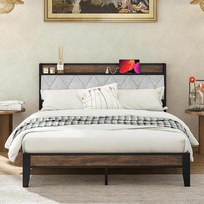 Sweetcrispy Queen Bed Frame with Headboard, Storage Headboard with USB Charging Station, Durable Squeak-Free Frame, Simple No-Tool Assembly,Works with Queen Mattress No Box Spring Needed