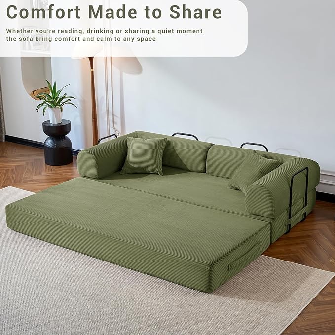 Compressed Sofa, Convertible Sofa Bed, Corduroy Compression Boneless Couch with Pillow, Comfy Modular Foldable Floor Sleeper Sofa for Bedroom, Living Room, Lounge, Studio (Green)