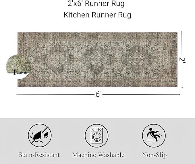RCTJHOME 2'x6' Runner Rug for Hallway with 4 non-slip tapes, Machine Washable Kitchen Boho Runner Rug, Distressed Bedroom Beside Rug, Laundry Room, Farmhouse Entryway Mat, Distress Floral Forest Green