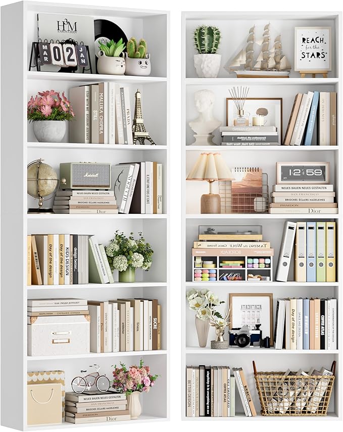 FOTOSOK 6-Tier Open Bookcase and Bookshelf Set of 2, Freestanding Display Storage Shelves Tall Bookcase for Bedroom, Living Room and Office, White