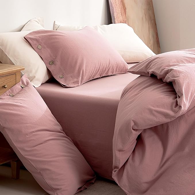 JELLYMONI 100% Washed Cotton Duvet Cover King – Soft, Breathable Linen-Look Bedding with Natural Wrinkle Texture, Button Closure, 3-Piece Set (Darker Rose, 104"x90")