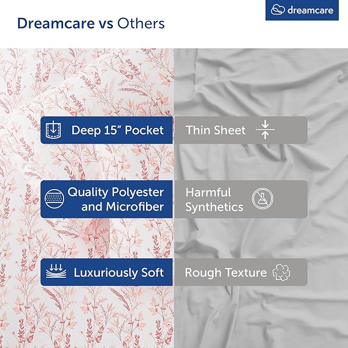 DREAMCARE Queen Size Sheets - Floral Sheets Queen Size Bed Set - 4pcs Queen Sheet Set - Cooling Bed Sheets - Queen Size Sheet Sets - Soft & Long Lasting 100% Brushed Floral Bed Set - Floral Pink DREAMCARE