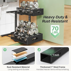 Under Sink Organizer, 2-Pack Pull Out Cabinet Organizer 2 Tier Metal Slide Out Storage Shelf Rack, L-Shaped Adjustable Height,Mesh Sliding Drawer for Kitchen, Bathroom, Laundry, Pantry, Black, XL