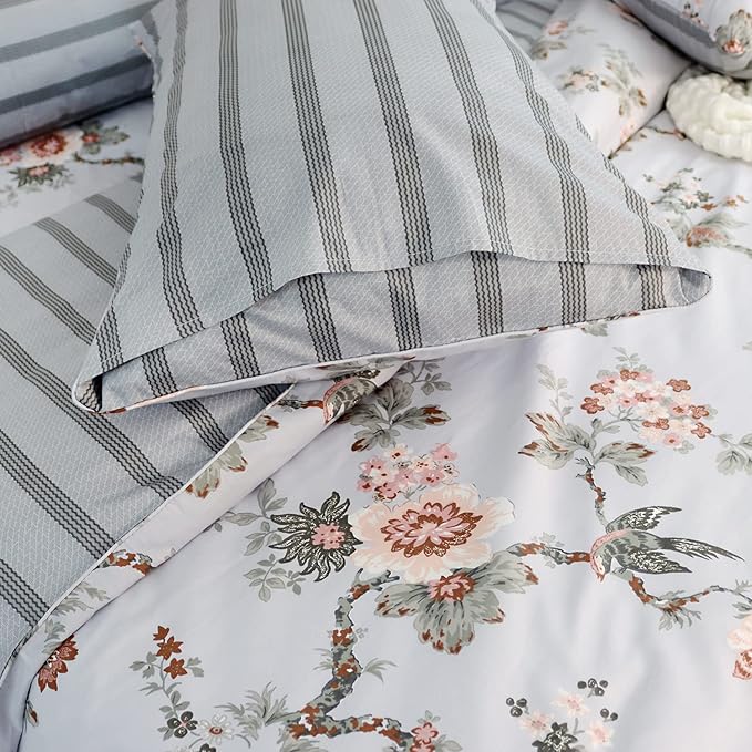 FADFAY Duvet Cover Set Full Elegant Floral Bedding Shabby Grey Bird Print Flower Quilt Cover Set Vintage Farmhouse Bedding 100% Cotton Soft Comforter Cover Set with Zipper Closure 3Pcs, Full Size
