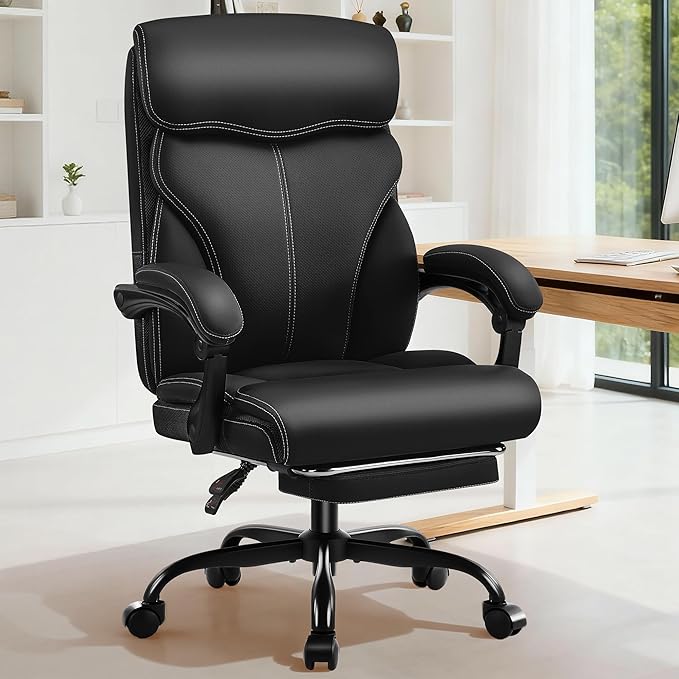 Office Chair - Ergonomic Comfortable High Back Computer Desk Chair with Foot Rest - Executive Breathable Swivel Rolling Reclining Leather Chair with Lumbar Support for Home Gaming Relaxing