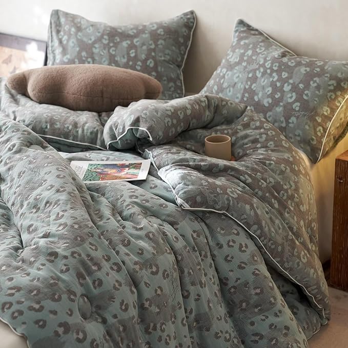 MKXI Double Layer Muslin Cotton Comforter Set King Size Leopard Print Shabby Chic Bedding Comforter Set Soft Breathable Grey and Green Floral Animal Cheetah Lightweight Bed Comforter for All Season