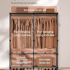 Clothes Rack, Portable Closet, 54.3 Inch Large Capacity Wardrobe Closet, Clothes Storage Organizer with Shelves and 2 Hanging Rods, Easy to Assembly, Black PCT002B01