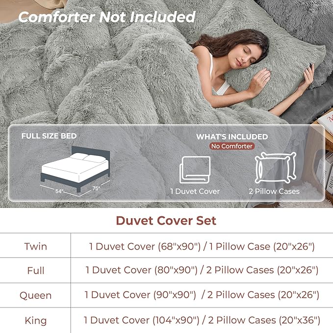 Sasttie 3-Piece Fluffy Duvet Cover Full, Ultra Soft Faux Fur and Velvet Light Grey Comforter Cover, Luxury Fuzzy Bedding Sets for Winter Bed, Includes 1 Duvet Cover and 2 Pillowcases, No Comforter