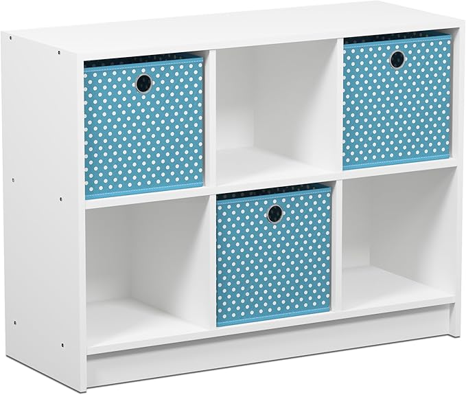 Furinno BASIC Book Shelf, 6-Cube Bookshelf, 3 x 2 Bookcase with Storage Bins, 11.9 x 31.6 x 23.6, for Living Room, Bedroom, Home Office, White/Light Blue