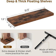32 Inch Floating Shelves, Wall-Mounted Bathroom Shelves Set of 2, 9.3 Inch Deep Floating Shelf Bookshelf for Living Room, Bedroom, Heavy-Duty Deep Storage Shelf for Wall, Rustic Brown Color