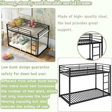 Twin Over Twin Bunk Bed, Low Bunk Bed with Ladder, Metal Bunk Bed with Guardrails, Heavy Duty Metal Bunk Bed Frame for Kids, Boys, Girls, Teens, Noisy Free, No Box Spring Needed， Black