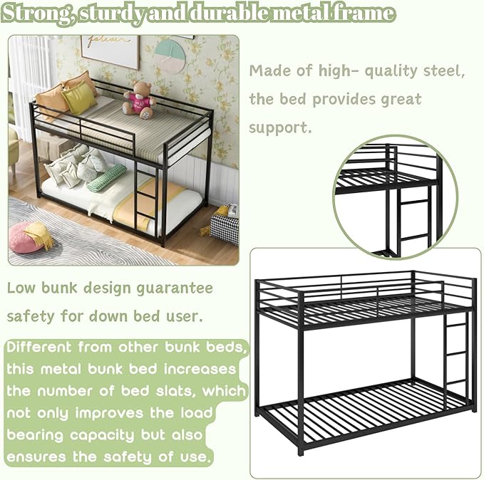 Twin Over Twin Bunk Bed, Low Bunk Bed with Ladder, Metal Bunk Bed with Guardrails, Heavy Duty Metal Bunk Bed Frame for Kids, Boys, Girls, Teens, Noisy Free, No Box Spring Needed， Black
