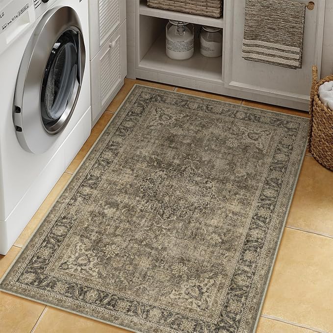 3x5 Washable Brown Area Rug Vintage Entryway Office Carpet Non-Slip Soft Low Pile Distressed Throw Rug for Entrance Living Room Bathroom Dining Room