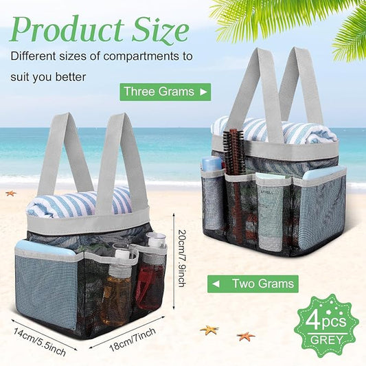 Hillban 4 Pcs Mesh Shower Caddy Portable Large Quick Dry Shower Caddy Basket with Deeper 8 Pockets and 2 Handles Hanging Bag for College Dorm Room(Gray)