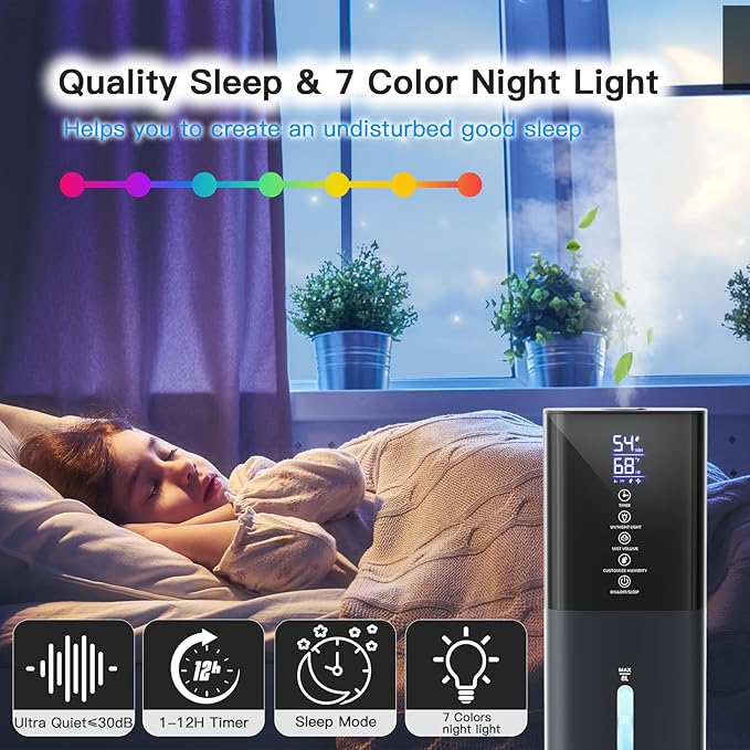 Humidifiers Large Room Bedroom with 7 Colors Light, 2.1Gal(8L) 3 Speed Quiet Ultrasonic Cool Mist Humidifier with 360° Nozzle, Humidity Setting, Timer,Aroma Box for Home Plant Baby Yoga Sleep (Blue)
