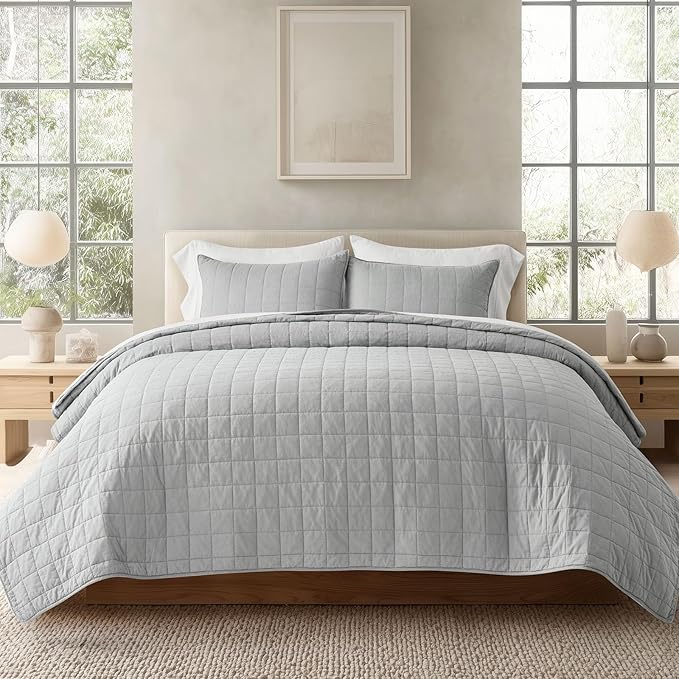 EVERGRACEHOME 100% Cotton Box Stitch Quilt Bedding Set King Size 3 Pieces, Garment-Washed Lightweight Soft Cozy Coverlet, Oversized Quilted Bedspread Sets with 2 Shams for All Season, Fog Gray