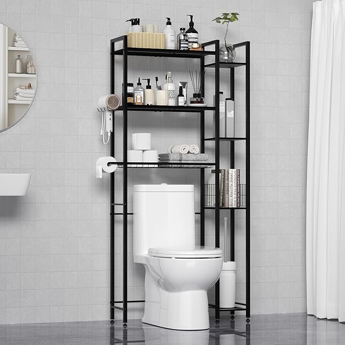 31.5" Wide Over The Toilet Storage, Solid Wood Over Toilet Bathroom Organizer with Paper Holder, Hooks, Side Shelf, 7-Tier Metal Over Toilet Shelves Rack for Laundry, Dorm Room, Balcony, Black