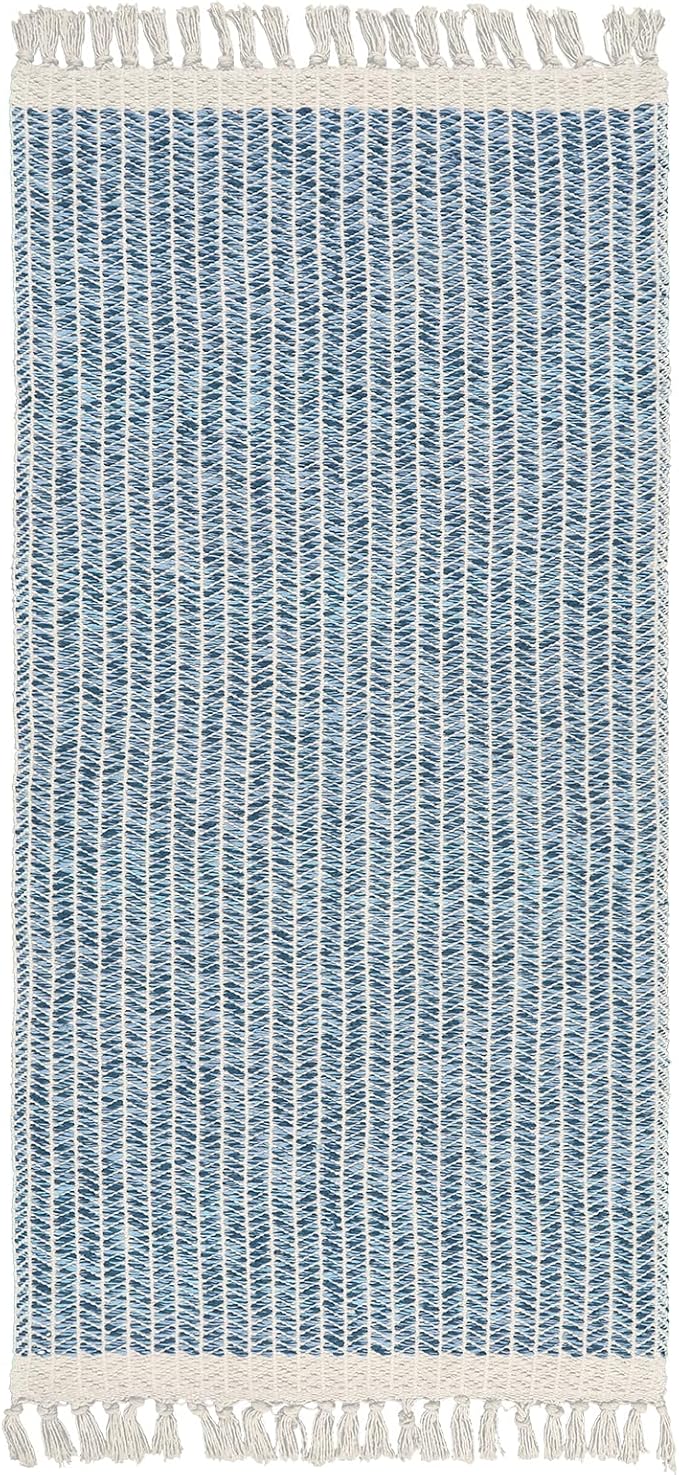 Lahome Boho Laundry Room Rug Runner, 2x4.3 Bathroom Runner Rug Lightweight Kitchen Rugs Woven Cotton Throw Mat with Tassels, Farmhouse Washable Blue Rugs Low Pile for Bedroom Door Mat