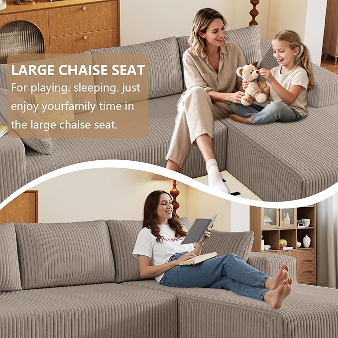 96" Modular Sectional Couch, Boneless L Shaped Cloud Sofa with Chaise Lounge, Corduroy Upholstered Couches Memory Foam Deep Seat, No Assembly Required, Ideal for Living Room(Camel, Right Facing)