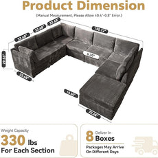 Large 8 Seat Modular Sectional Sofa with Ottoman Seat Corduroy Sleeper Sectional Sofa Bed Oversized Convertible Modular Couch for Living Room