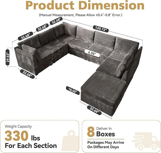 Large 8 Seat Modular Sectional Sofa with Ottoman Seat Corduroy Sleeper Sectional Sofa Bed Oversized Convertible Modular Couch for Living Room