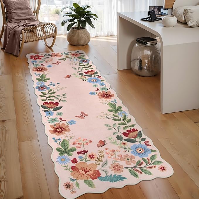 Lahome Floral Kitchen Runner, 2X6 Washable Runner Rug Non-Slip, Ultra-Thin Soft Hallway Rug Stain Resistant Boho Carpet for ‎Bedroom Laundry Bathroom, Light Pink
