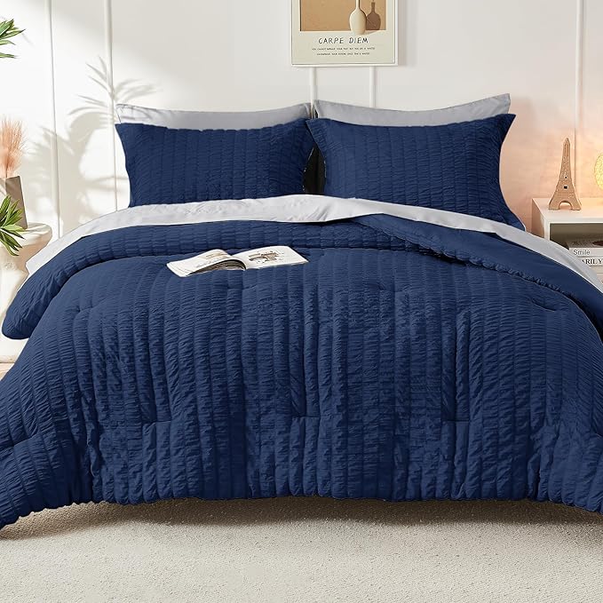 HYMOKEGE Navy Blue/Light Grey Full Size Comforter Sets Seersucker 7 Pieces, All Season Luxury Bed in a Bag for Bedroom, Bedding Set with Comforter, Sheets, Pillowcases & Shams