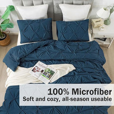 Andency Navy Blue Pinch Pleat Comforter Full(79x90Inch), 3 Pieces(1 Pintuck Comforter and 2 Pillowcases) Down Alternative Microfiber Bedding Set