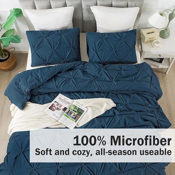 Andency Navy Blue Comforter Set King Size, 3 Pieces All Season Pintuck Decorative Bedding Set, Soft Fluffy Microfiber Bed Set