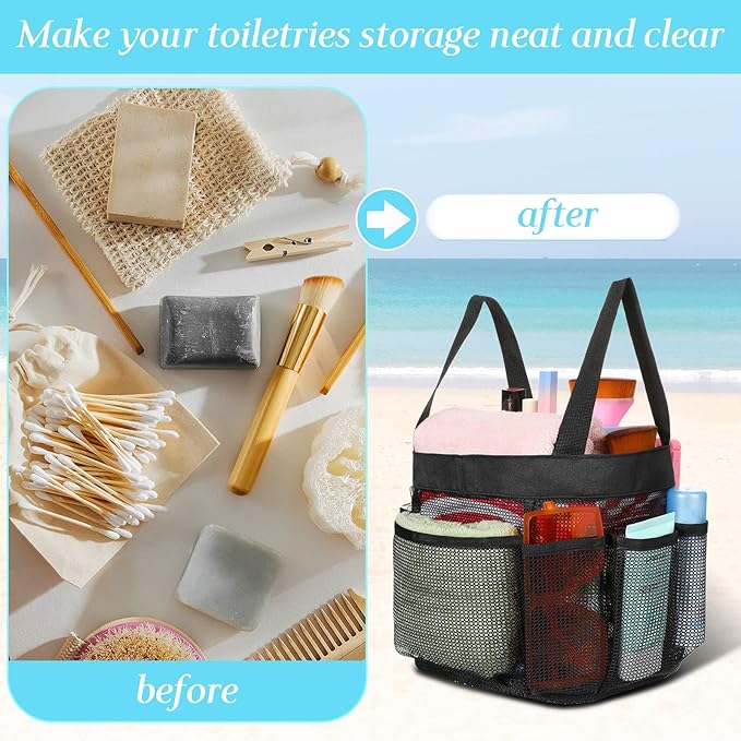 Hillban 4 Pcs Mesh Shower Caddy Portable Large Quick Dry Shower Caddy Basket with Deeper 8 Pockets and 2 Handles Hanging Bag for College Dorm Room(Black)