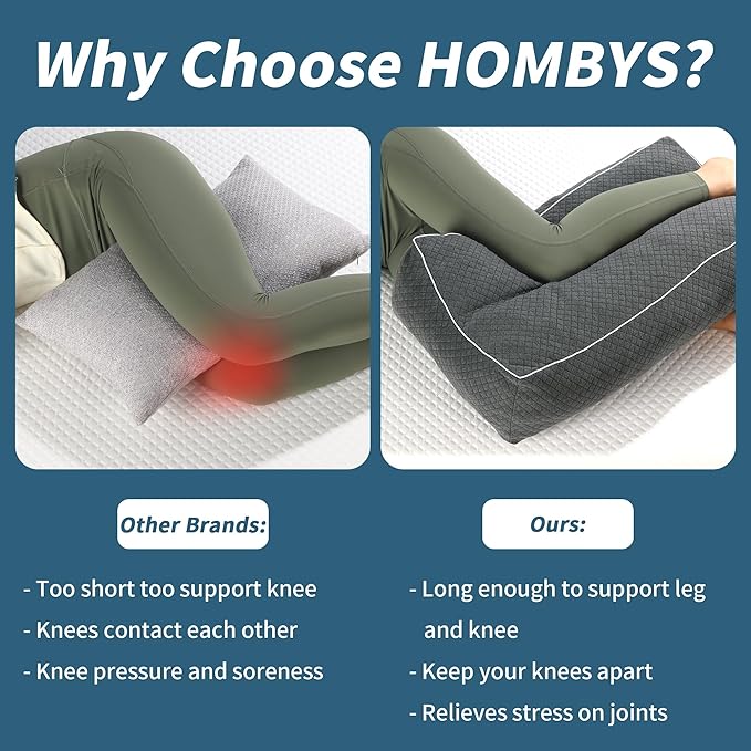 HOMBYS Shredded Memory Foam Knee Pillow for Side Sleepers, 6.5" Height Pillow Between Legs for Aligns Spine & Relieves Pressure Hip & Leg Elevation, Supportive Pillow for Pregnancy, Sciatica, Grey