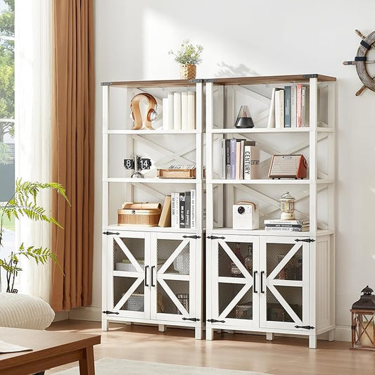 5 Tier Bookshelf 70" Tall Bookcase with Barn Doors,Large Farmhouse Display Book Shelf with Adjustable Shelves and Storage Cabinet，Library Wood Bookshelves for Living Room,Kitchen,White(2PCS)