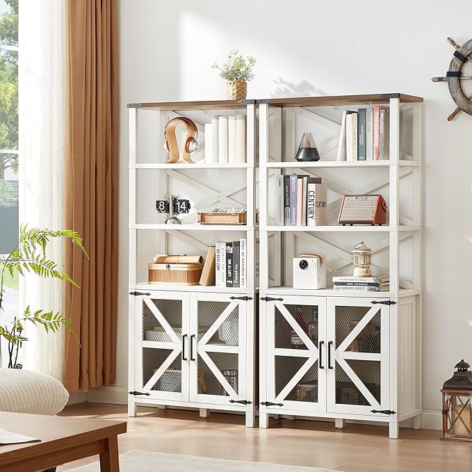 5 Tier Bookshelf 70" Tall Bookcase with Barn Doors,Large Farmhouse Display Book Shelf with Adjustable Shelves and Storage Cabinet，Library Wood Bookshelves for Living Room,Kitchen,Rustic White
