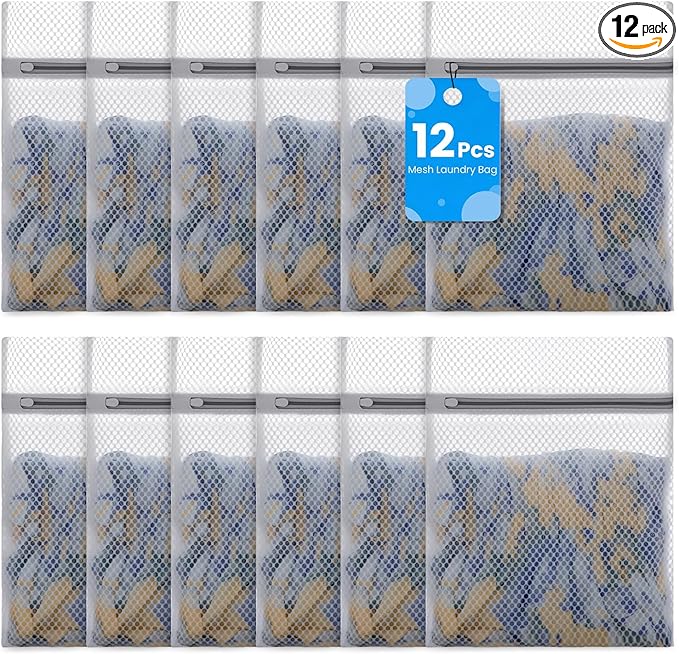 Honeycomb Mesh Laundry Bags for Delicates - 12x16 Inches Medium Washing Bags for Bras, Lingerie, Socks, Baby Clothes - Gentle Wash Protection with Zipper Closure (12)