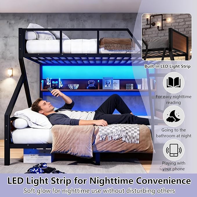 Queen over King Bunk Bed with Storage Shelves, Metal Bunk Beds with Ladders and LED Lights, Heavy-duty Bunkbed for Bedrooms, Guest Rooms and Dorms, No Box Spring Needed and Noise-free Design, Black