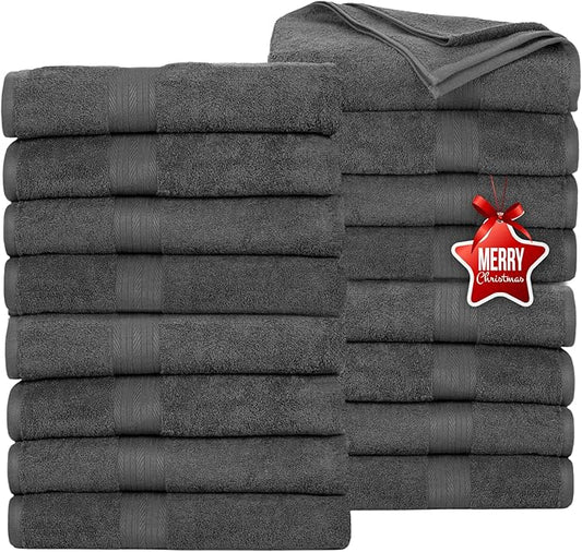 Ample Decor Bath Towels Pack of 16 600 GSM 100% Cotton, Absorbent Soft Premium Quality Machine Washable, Oeko Tex Certified, for Bathroom, Hotel, Spa, Gym, Kitchen - Grey - 30 X 54 Inch
