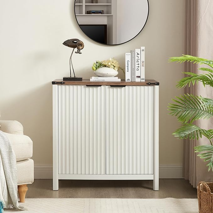 32 Fluted Sideboard Storage Cabinet Buffet - 7-Level Adjustable Shelves, Modern Farmhouse Rustic Kitchen Console Accent Cabinets, Coffee Bar Table for Dining Room (Antique White)