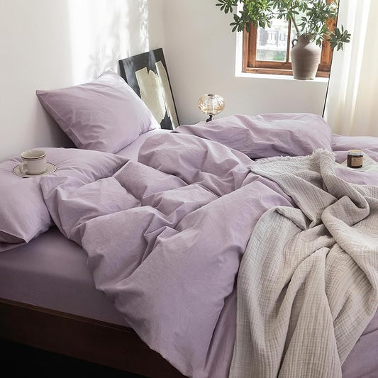 FOSSA Duvet Cover Set 100% Washed Cotton Linen Feel Super Soft Breathable Cozy 3 Pieces Bedding Sets Solid Light Purple King