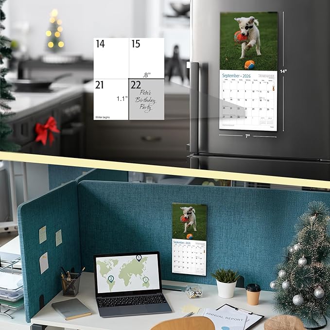 RED EMBER Puppies 2026 Mini Wall Calendar 12 Month | 7" x 14" Open | Thick & Sturdy Paper | Holiday Gift | Cute Puppy Dog Calendar 2026