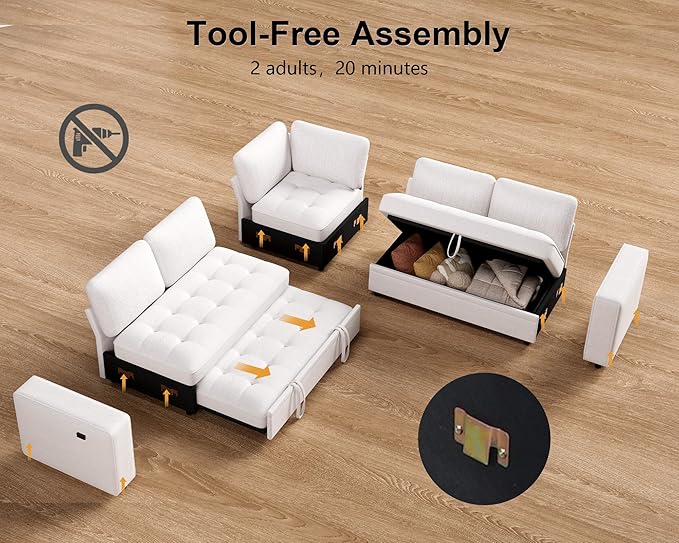 WEUP 5 Seat L Shaped Sectional Sleeper Sofa Bed with Pull Out Bed, Chenille Sectional Sleeper Couch with Adjustable Backrest, USB Ports & Storage Seat, Tool-Free Assembly, Chenille Beige