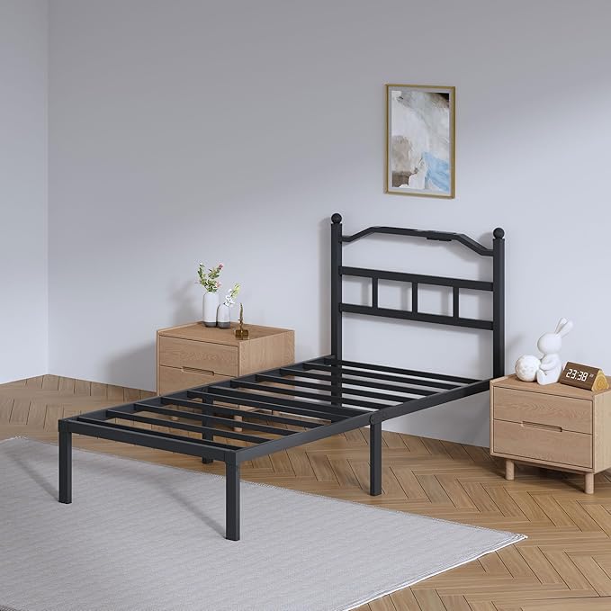 Twin Size Bed Frame - 14 Inch Metal Heavy Duty Bedframe with Charging Station Black Basic Steel Slats Platform with Headboard No Box Spring Needed/Easy Assembly