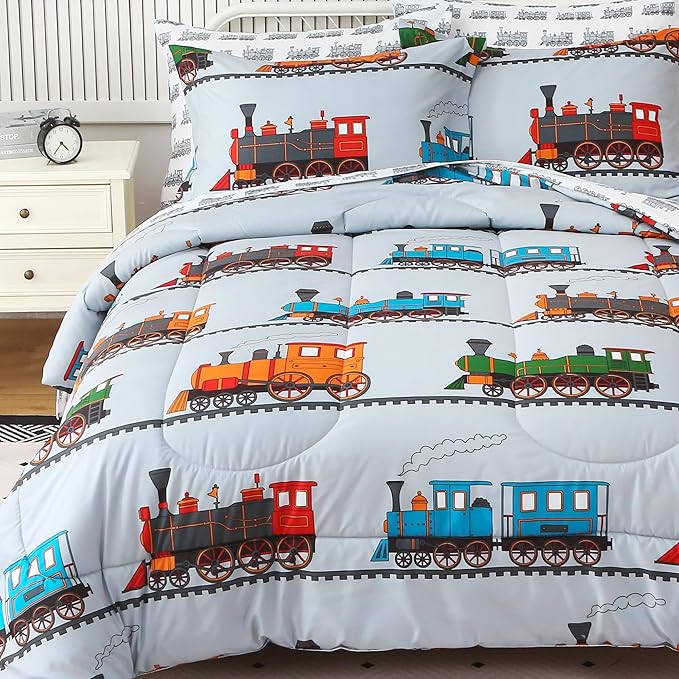 Viviland Kids Twin Bedding Sets for Boys, Soft Twin Comforter Set with Sheets, 5 Pieces Microfiber Bed in a Bag, Light Grey Train