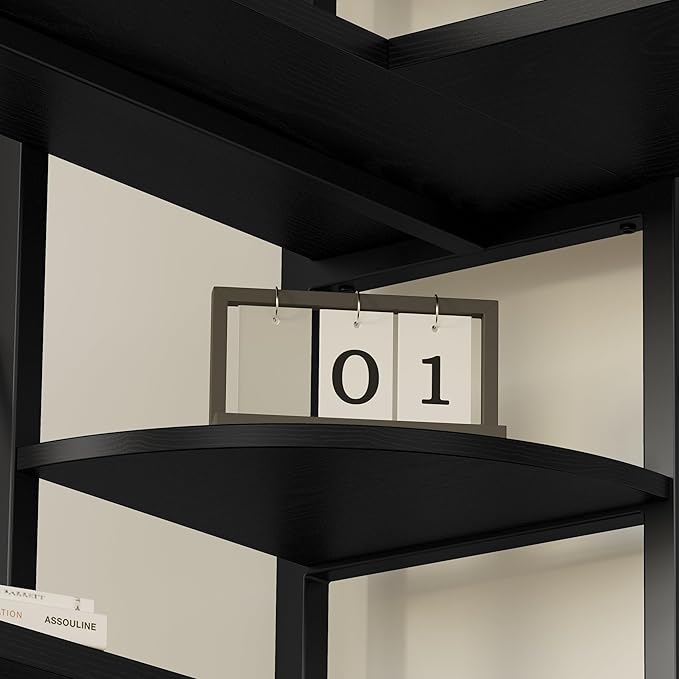 IRONCK Industrial Bookcases and Bookshelves, 5-Tiers Corner Bookcase with Curved Panels, L Shaped Shelf with Metal Frame for Open Storage for Living Room Home Office, Black