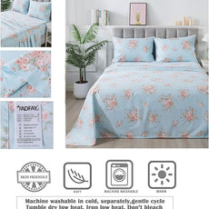 FADFAY Sheets Set Queen Blue Rose Floral Bedding Rustic Peony Flower Bed Sheet Set Vintage Farmhouse Bedding 100% Cotton Ultra Soft Breathable Beddings with Deep Pocket Fitted Sheet 4Pcs, Queen Size