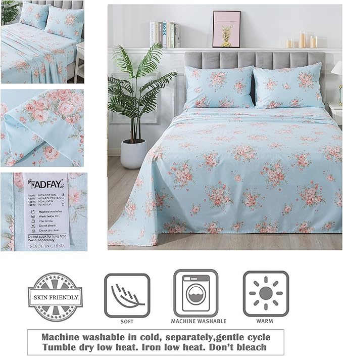 FADFAY Sheets Set Queen Blue Rose Floral Bedding Rustic Peony Flower Bed Sheet Set Vintage Farmhouse Bedding 100% Cotton Ultra Soft Breathable Beddings with Deep Pocket Fitted Sheet 4Pcs, Queen Size