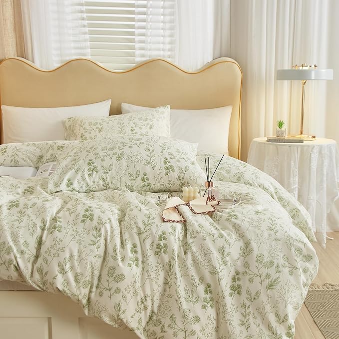 HighBuy 3 Pieces Duvet Cover Twin XL White Duvet Cover with Green Floral Print,Coquette Soft Cotton Comforter Cover Boho Style,Aesthetic Twin XL Bedding Set with Zipper Closure 4 Ties,All Season