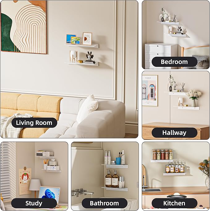 Metal Floating Shelf 2-Piece Set - Rust-Resistant Aluminum Wall Shelves - No Drill Wall Mounted Shower Caddy, Ideal for Display & Storage in Any Room (11.8", White)