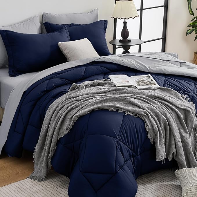 HEVUMYI Queen Comforter Set - 7-Piece All Season Bed in a Bag Queen, Ultra Soft Bedding Set with Comforter, Flat Sheet, Fitted Sheet, Pillowcases, Pillow Shams, Navy Blue & Light Grey