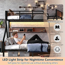 Bellemave Twin XL Over Queen Bunk Bed with Shelves, Metal Bunk Beds with Ladders and Lights, Heavy-Duty Bunkbed for Bedrooms, Guest Rooms and Dorms, No Box Spring Needed and Noise-Free Design, Black